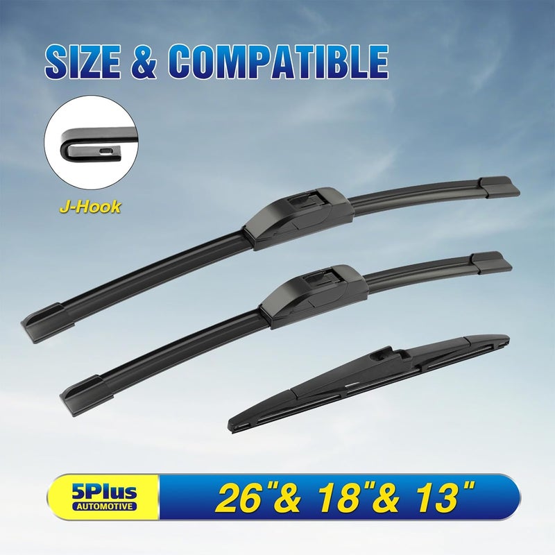 5PLUS Windshield Wipers Replacement for Kia Telluride 2023-2020 / Kia Sedona 2021-2015 Premium All Weather Front & Rear Wiper Blades 26"+18"+13"-OEM Original Factory Quality(Set of 3) - Image 2